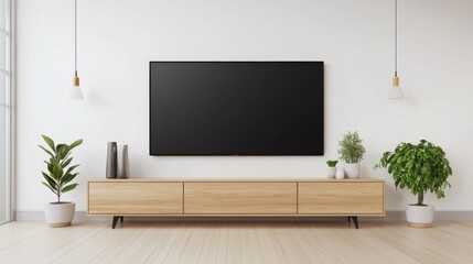 Modern Minimalist Living Room with Flat Screen TV and Wooden Media Console