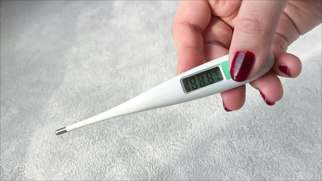Women's hands include an electronic thermometer with a temperature of 37 degrees Celsius. High temperature. Flu, acute respiratory viral infections, acute respiratory infections, colds. Fever. 