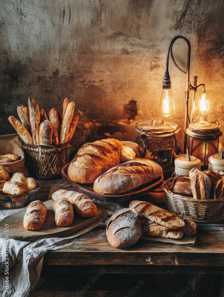Poster Rustic wooden table adorned with fresh golden-brown bread and pastries in warm ambient lighting at a cozy bakery setting