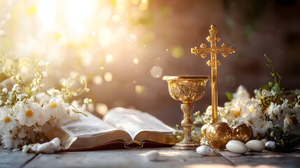 A book is open to a page with a cross and a cup on it