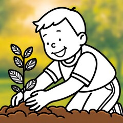 Cartoon Boy Planting a Tree &ndash; Eco-Friendly Coloring Book Page, Environmental Education Illustration