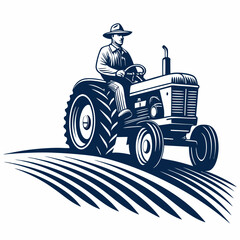Create a bold vector illustration of a farmer driving a tractor in a field, emphasizing strong lines and vibrant colors.