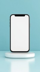 Smartphone on White Charging Stand Against Blue Background