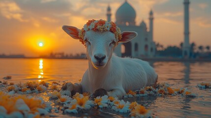 Lamb with flowers by water, ornate building background under a golden sky