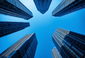 A Low Angle Shot Captures Four Modern Skyscrapers With Glass Facades Reaching Towards A Clear Blue Sky, urban landscape