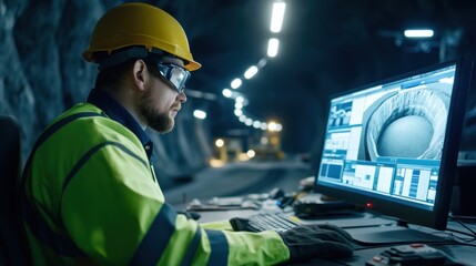 Mine Worker Monitoring Tunnel Progress on Computer Screen Underground Safely
