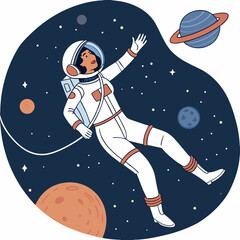 Create a bold, vector illustration of a female astronaut floating in space, featuring strong outlines and vibrant colors.