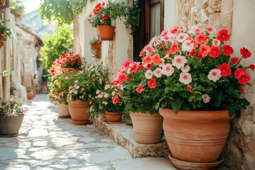 Blooming petunias decorating picturesque alley in mediterranean village