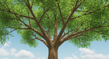 Fototapeta premium Majestic Tree Canopy Under a Summer Sky: A View from Below, Lush Green Foliage and Brown Branches Against Blue Skies and Fluffy Clouds