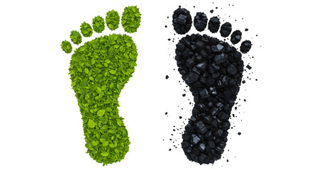 Green footprint made of leaves and a black footprint made of coal are representing the concept of ecology and pollution.