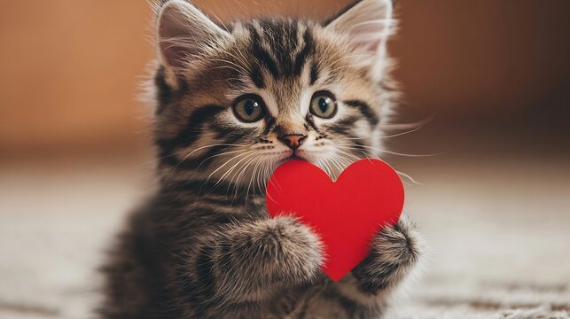 Tender kitten holding a valentine greeting card with a red heart shape creating a cute and affectionate atmosphere for February 14 celebrations