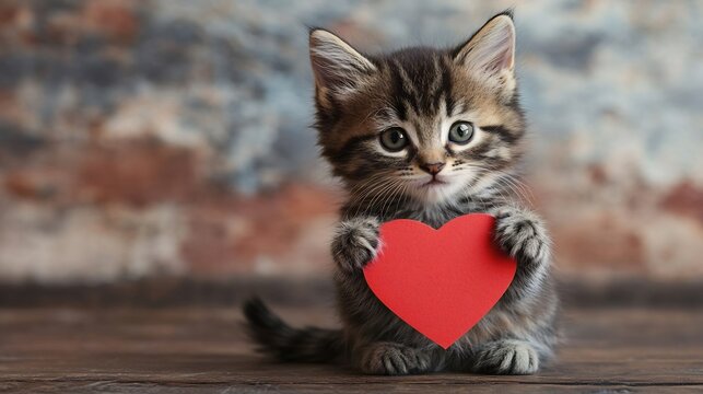 Tender kitten holding a valentine greeting card with a red heart shape creating a cute and affectionate atmosphere for February 14 celebrations