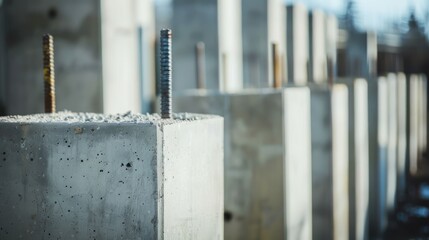 A close-up of reinforced concrete pillars at a concrete construction site.