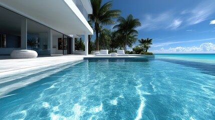 Fototapeta premium Coastal modern luxury home with infinity pool. Tranquil outdoor living space