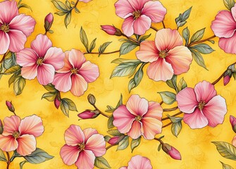 Obraz premium Pink Flowers on Yellow Background Seamless Floral Pattern