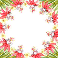 Red passion flower, palm leaves watercolor frame isolated on white. Hand drawn rainforest nature clipart, sketch style. Round frame perfect for cards, botanical prints, posters design. Exotic plant