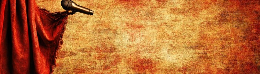 Obraz premium Announcer speaks from stage behind red curtain with golden abstract backdrop texture