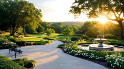 Landscaped garden with fountain and paved walkways at sunset
