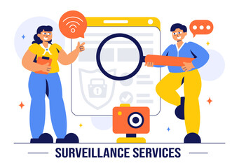 Surveillance Services Vector Illustration Featuring Various Technologies Used to Monitor and Supervise Activities in a Specific Area in a Background