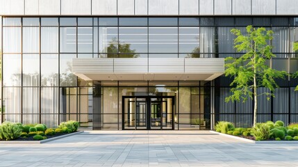 The facade of a contemporary office building with clean lines, large windows, and an inviting entrance with landscaping.
