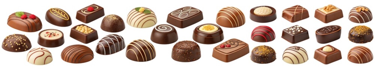 Fototapeta premium Assorted gourmet chocolate pralines with decorative toppings and fillings cut out isolated Transparent PNG Elements