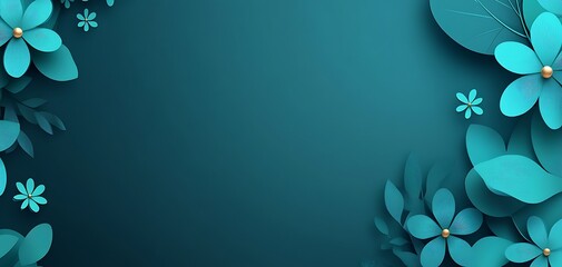 Teal floral composition backdrop with delicate layered paper flowers, botanical frame
