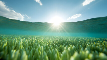 Vibrant Green Seaweed Underwater in Bright Sunlight