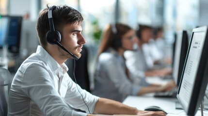 Call center employee in headset working at computer terminal. Minimalist