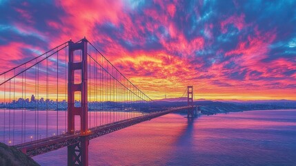 Obraz premium Bridge over water, vibrant sunset. City in distance