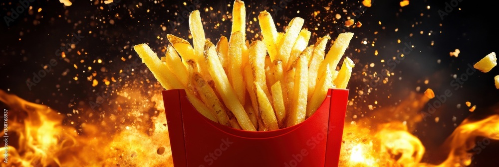 Aufkleber Vibrant golden crispy french fries in a red container with colorful splashes and a dynamic backdrop