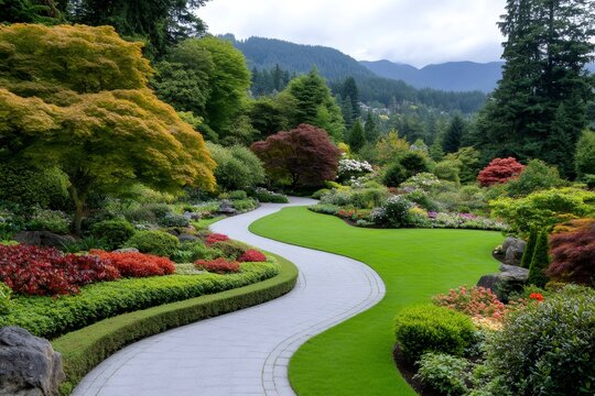 Winding path meandering through colorful Butchart Gardens in Victoria, British Columbia