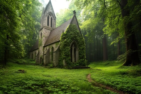 Old stone church being overtaken by nature in a green forest