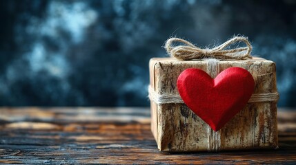 Fototapeta premium Vintage style hand made valentine gift box with a red heart decoration placed on a rustic wooden table ideal for a romantic and retro celebration