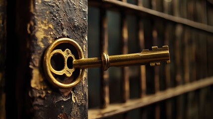 Antique key in prison cell door