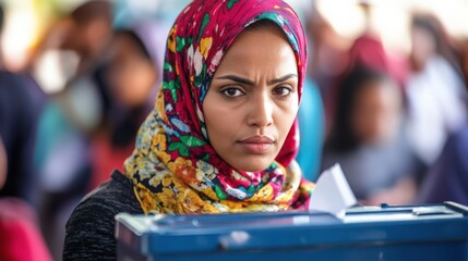 Obraz premium A woman in a colorful headscarf carefully places her ballot into the secure box her expression serious and contemplative. The background reveals a diverse crowd of voters symbolizing