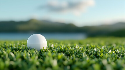 White Golf Ball on Lush Green Grass with Mountain Background