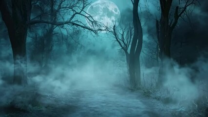 Eerie forest scene with fog and a full moon, captured from a low angle. The style is cinematic, ideal for a suspenseful video backdrop. Live desktop wallpaper.