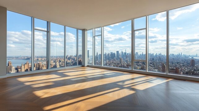 Fototapeta Bright Empty Room Overlooking New York City Skyline with Hardwood Floors