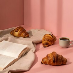 Flaky golden croissants placed on linen with black coffee and a book. Cozy breakfast vibe perfect for lifestyle imagery.	