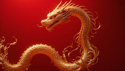 Fototapeta premium Gleaming Golden Dragon Statue Coils Against A Deep Red Backdrop, Lunar new year