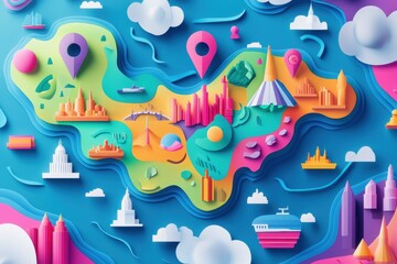 Explore vibrant destinations on a colorful travel map adorned with icons and bright pins representing modern travel experiences