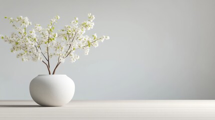 A white vase holds delicate white cherry blossoms. It sits on a light wood surface against a muted gray wall. The image is clean and minimalist, with soft lighting and high resolution. The style is s