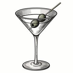 Create a bold, vector illustration of a classic martini glass with a thick, black stroke.  Include a subtle olive garnish.