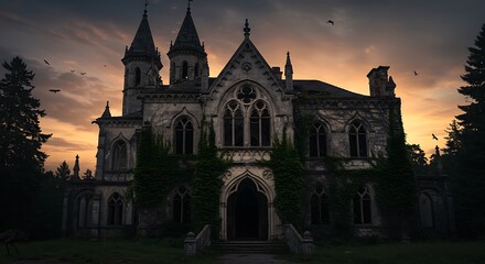 Obraz premium Gothic Castle at Sunset: A Haunting Silhouette AI Generated