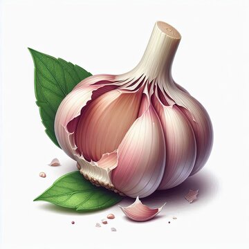 Isolated artistic garlic bulb with clove pieces and fresh leaf rendering