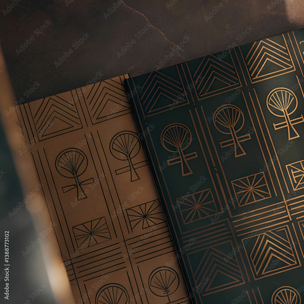 Fototapete A minimalist Egyptian-inspired pattern with simple geometric shapes, hieroglyphic symbols, and subtle, elegant lines.