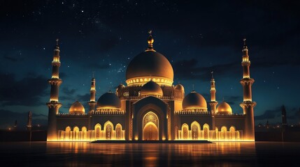 Grand Mosque Glowing at Night with Water Reflection and Starry Sky