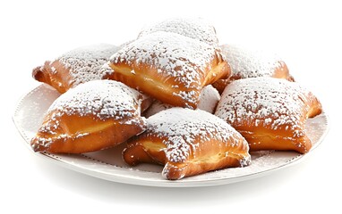 Fluffy beignets generously dusted with powdered sugar on a white plate. A sweet and classic treat