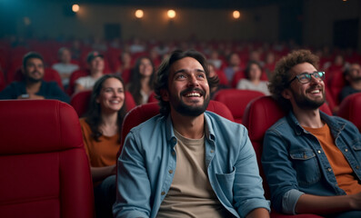 Obraz premium Enthusiastic audience enjoying a movie in a cinema, experiencing shared joy and entertainment.