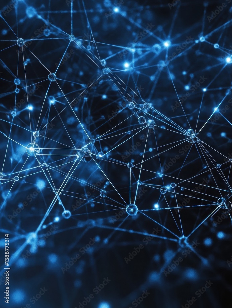 Poster Futuristic glowing digital nodes in deep blue and white cyber network design with interconnected lines